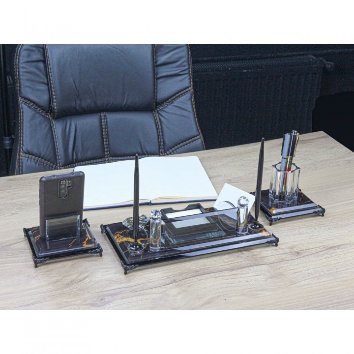 3 Parçalı Füme Siyah Ultra Clear Kristal Cam Telefon Standlı Saatli Yönetici Masa Seti